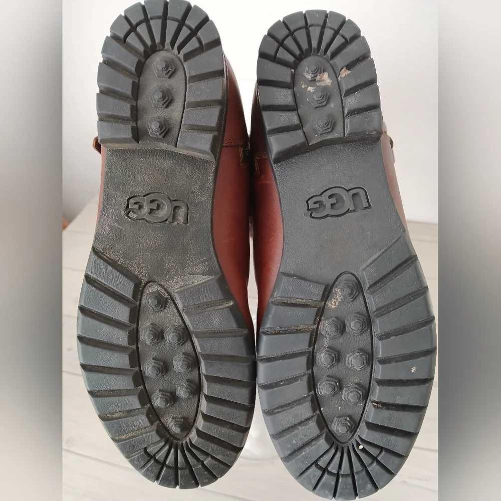 UGG Women's Brown LEATHER Bellvue Ankle Tall SHEARLING Cuff BOOTS shoes Size 8.5 - Picture 12 of 14